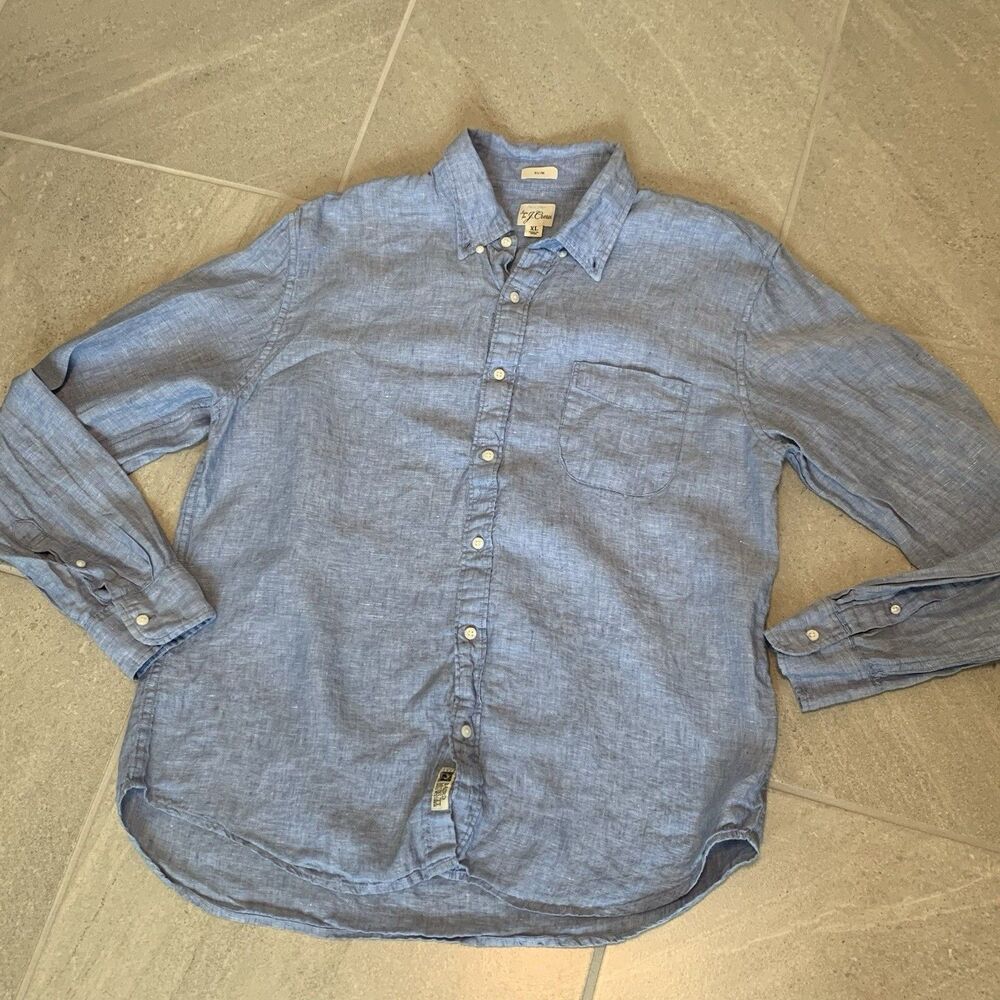 J.Crew Shirt Men Extra Large Blue Linen Pocket Button Down Resort Wear Casual